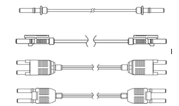 Technical diagram of four types of fiber optic connector assemblies, showing split - view structures with connectors on both ends of fiber cables, illustrating design variations for industrial or communication applications.