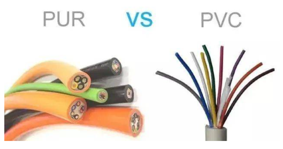 Comparación de cables PUR y cables PVC que muestra diferentes materiales y estructuras de revestimiento.