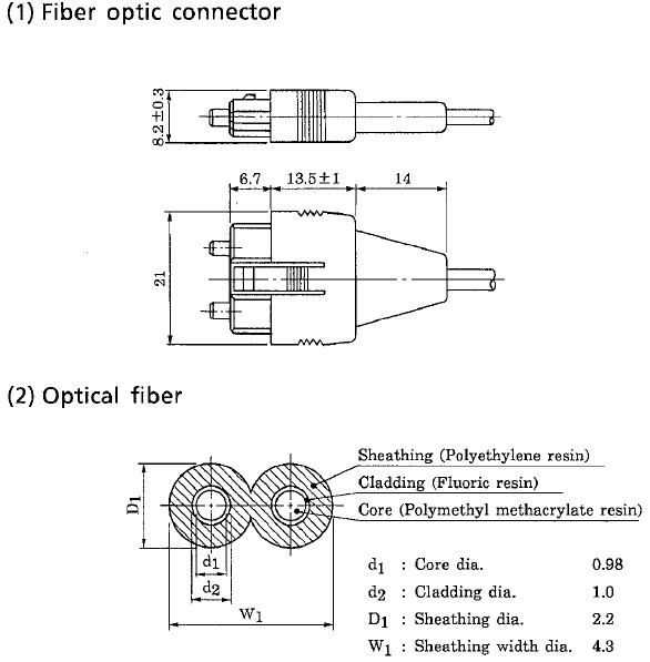 TOSHIBA TOCP200 fiber optic connector and fiber structure engineering drawings
