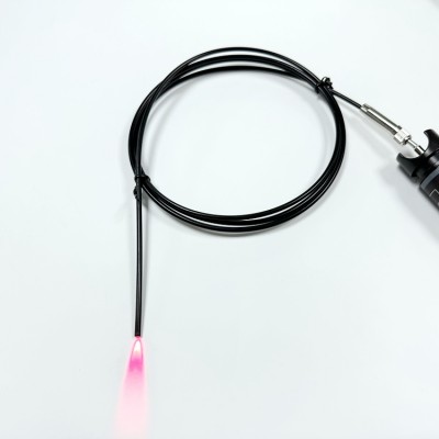 Fluorescence measurement setup using an SMA905 patch cord to link a light source and a sample cuvette.